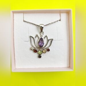 Silver Lotus Pendant Necklace with Multicolor Gemstones - Chakra